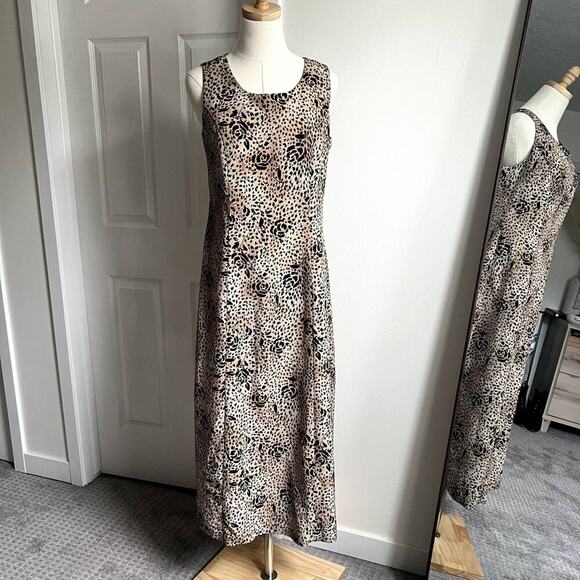 Vintage Animal Print Rose Pattern Maxi Sleeveless Dress US 8 Safari Cheetah Y2K - Picture 1 of 9
